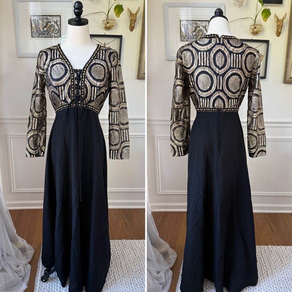 Vintage 60s 70s Brocade Hostess Maxi Dress Black Gold M